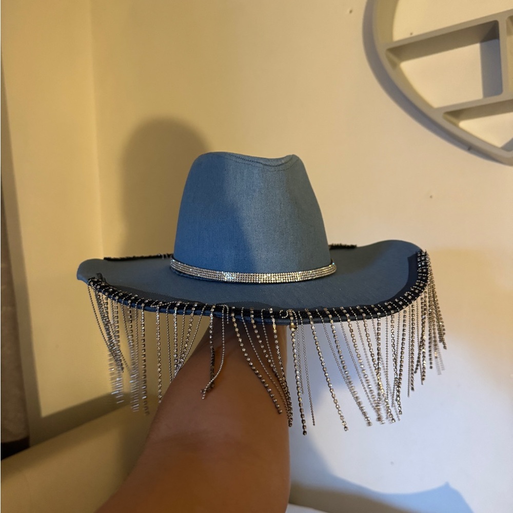 Blue Cowboy Hat with Rhinestone Fringe